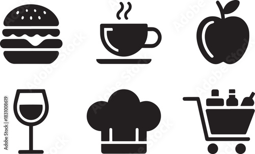 Collection of popular restaurant cafe and grocery store icons featuring food drink shopping and cooking symbols