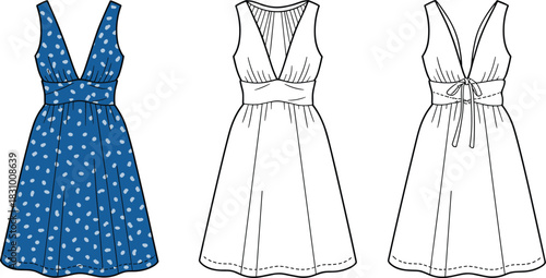 Sleeveless polka dot dress sketch, deep V-neckline and tied waistband detail, front and back view, cad drawing flat vector illustration