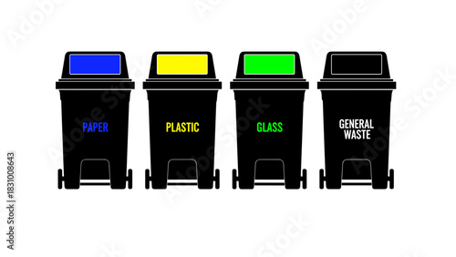 Colored trash bins for waste sorting on transparent background