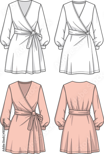 Long-sleeved wrap dress sketch set, gathered cuff and peach color detail, front and back view, vector illustration