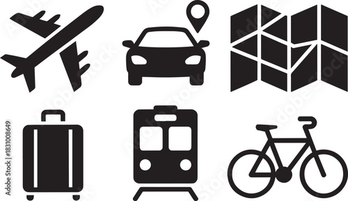 Collection of transport travel and tourism icons featuring airplane automobile map luggage train and bicycle