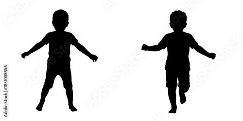 Two children playing and running in silhouette on transparent background  