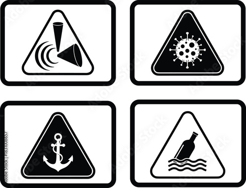 Warning signs icon set showing hazard symbols for sonar waves, virus contamination, anchor danger, water pollution, safety alert illustrations for caution messaging