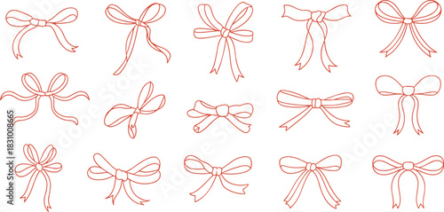 Red ribbon bow collection, decorative gift wrap elements, festive celebration design, outline style, isolated clipart, cad drawing flat vector illustration