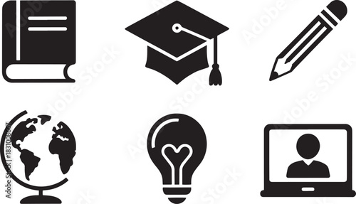 Education knowledge icons set with book graduation cap pencil globe lightbulb and online class symbol