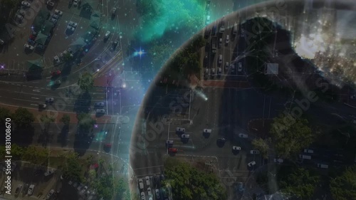 Teal aurora rising sheer orb entering top-right expanding rotating pulsing revealing parking below