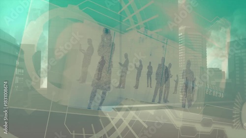 On teal HUD appearing, panel rotating in and revealing silhouettes, visualizing team in skyline