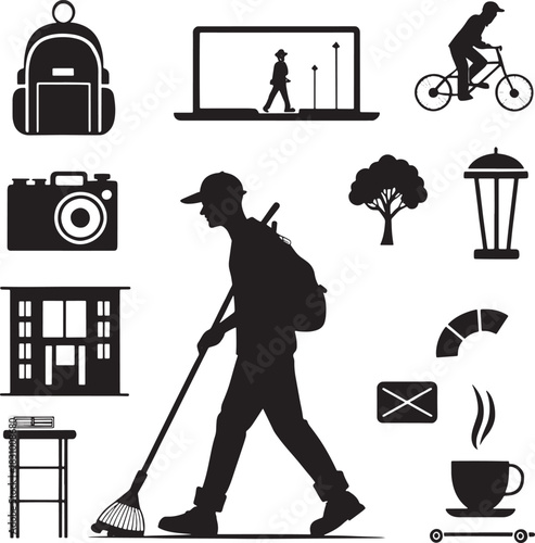 Black silhouette icons of a person sweeping a backpack a camera a laptop a cyclist a tree a lamppost a building a table with books and a coffee cup