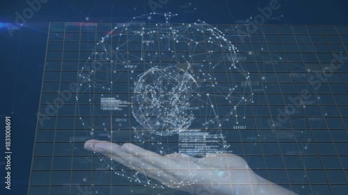 Hand entering lower-right, palm holding, building wireframe globe, showing data readouts