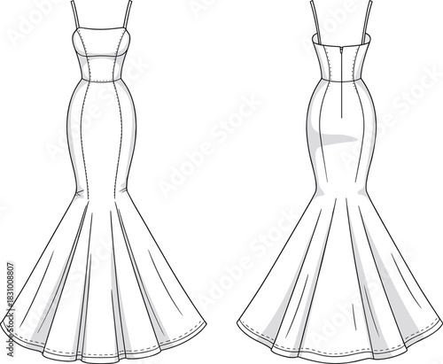 Mermaid-style spaghetti-strap dress sketch, princess seam and flared hem detail, front and back view, cad drawing flat vector illustration