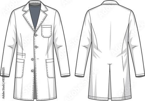 White lab coat front and back technical sketch, medical uniform fashion template, garment specification, cad drawing flat vector illustration