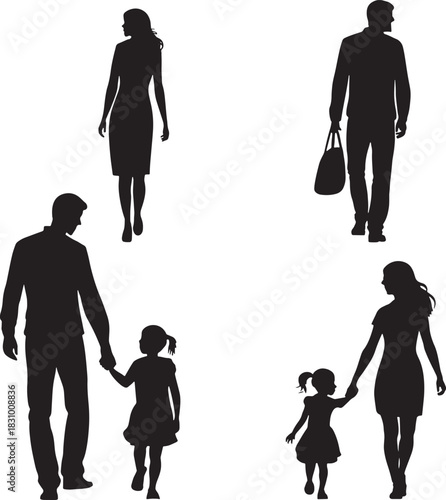 Black silhouettes of families and individuals walking on white background people family