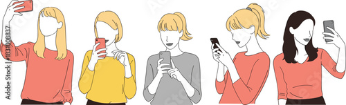 Women taking selfies and using smartphones, modern female characters holding mobile phones in various poses, digital lifestyle illustration set