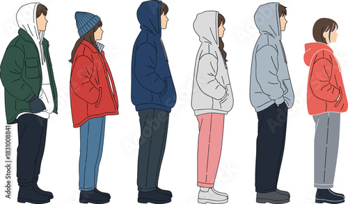Winter clothing character illustration set featuring people in hoodies and jackets, side view fashion figures for lifestyle, urban scenes and seasonal design projects