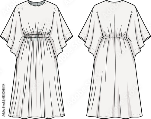 Flutter-sleeve flared dress sketch, front and back fashion view, gathered waist detail, cad drawing flat vector illustration