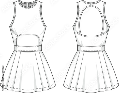 Sleeveless dress fashion sketch, cut-out bodice design, pleated skirt detail, front back technical flat, cad drawing flat vector illustration