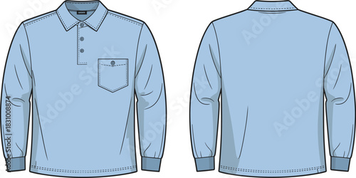 Long-sleeved polo shirt sketch, chest pocket and ribbed trim detail, front and back view, cad vector illustration