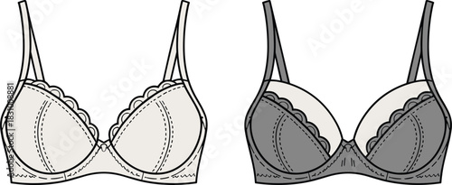 Lace trim underwire bra fashion sketch, lingerie garment template front view, clothing flat drawing, cad drawing flat vector illustration