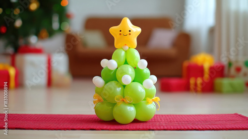 Green balloon Christmas tree with smiling star topper and festive bows on red mat, cozy holiday living room scene