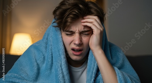 A young man suffering from a severe headache or illness, wrapped in a blue blanket, looking distressed and unwell indoors.