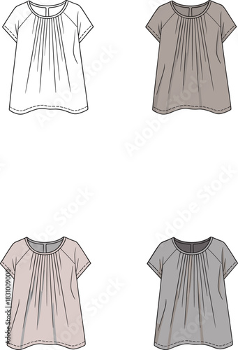 Pleated blouse fashion sketch, short sleeve, round neckline, color variations, front view, cad drawing flat vector illustration