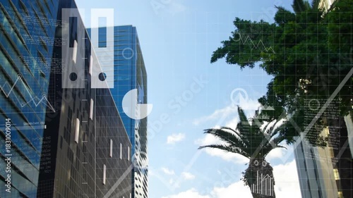 Cloud-monitor icon appearing, HUD overlays morphing into charts over palm tree, showing analytics
