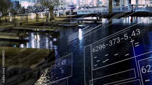 HUD sliding in on data pulse, cycling panels into gauges, exiting lower-right, showing dock sensors