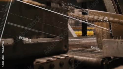 Camera panning upward from conveyor gripper unit showing parts while HUD lines tracking line flow