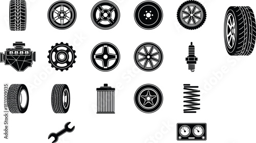 Automotive parts icon set featuring wheels, tires, engine components, spark plug, suspension spring, car tools and mechanical elements for repair illustrations