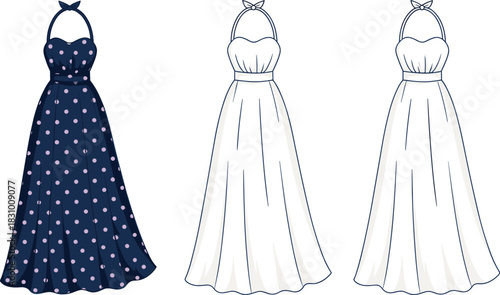 Fashion dress illustration, halter neck gown, polka dot pattern, flat sketch, vector template, coloring page, cad drawing flat vector illustration