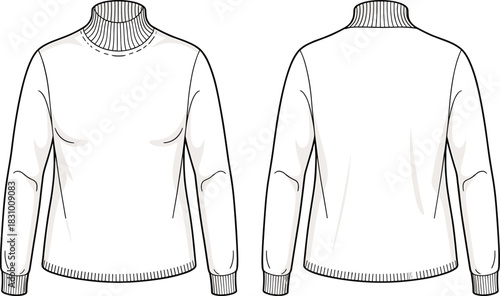 Turtleneck sweater sketch, ribbed collar, cuff and hem detail, front and back view, cad drawing flat vector illustration
