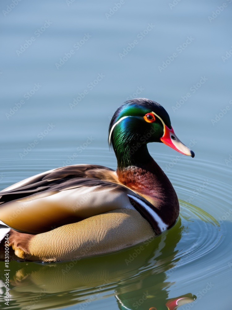 Obraz premium Beautiful male wood duck with iridescent plumage swimming gracefully in calm blue water