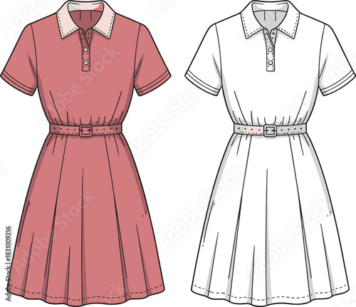Short-sleeved collared dress sketch, button placket and pleated skirt detail, front fashion view, cad drawing flat vector illustration