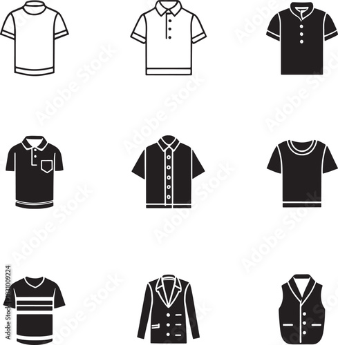 Collection of black and white clothing icons including t-shirts polo shirts button down shirt blazer and vest