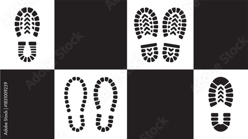 Set of Black and White Footprint Silhouettes Displayed in Checkered Pattern - Diverse Designs