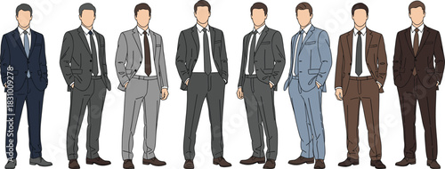 Business men standing in professional suits, office attire illustration set showing diverse corporate poses for modern business and workplace design