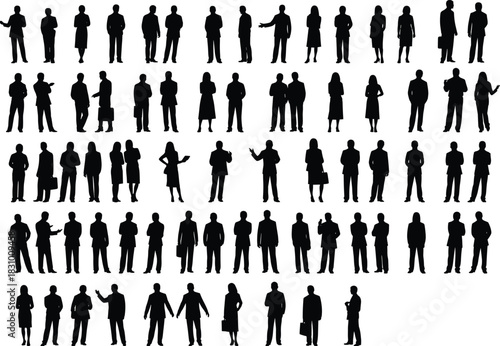 Business people silhouettes collection in various professional poses standing walking talking working office corporate team figures vector illustration for commercial design