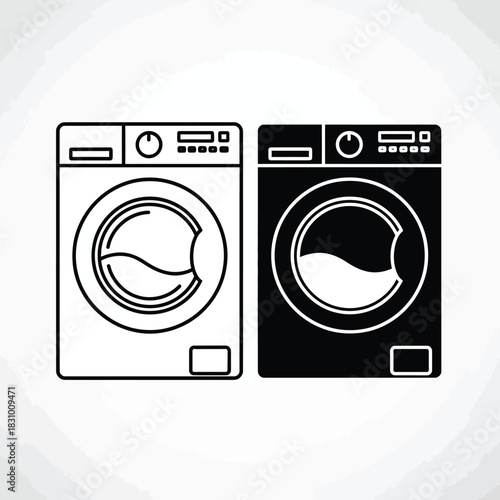 Front load washing machine outline and solid icon set, laundry appliance symbols, clean clothes concept, domestic equipment isolated.