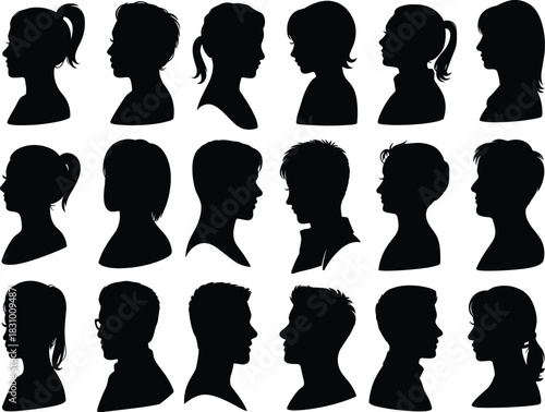 Human head silhouettes, hairstyle profiles, male and female, black side views, diverse hair types, isolated icons, character design set
