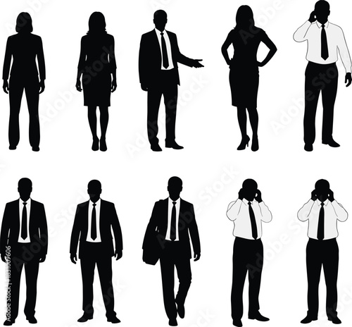 Business people silhouettes in professional poses wearing formal office attire, standing, walking, talking and working, corporate staff vector illustration