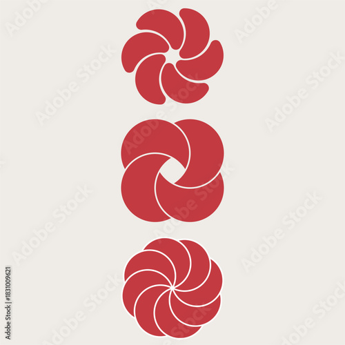 Abstract spiral flower symbols with rotating petals. Minimal red geometric floral icons for logos, branding, or decorative design.