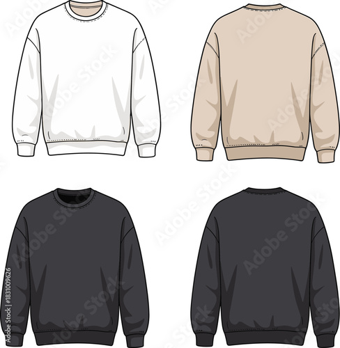 Crewneck sweatshirt sketch, front and back view in white, beige, and black color, cad drawing flat vector illustration