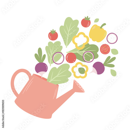 Watering can pouring fresh vegetables and salad ingredients concept  