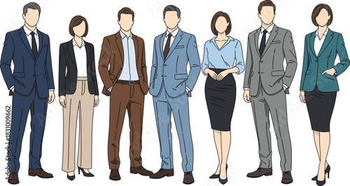 Business professionals illustration set featuring men and women in formal office attire for corporate design, teamwork concepts, workplace presentations and professional branding
