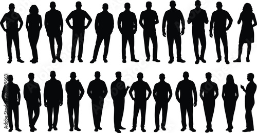 Standing silhouette group, diverse posture set, black vector people, body language design, anonymous human shapes, gesture variation illustration