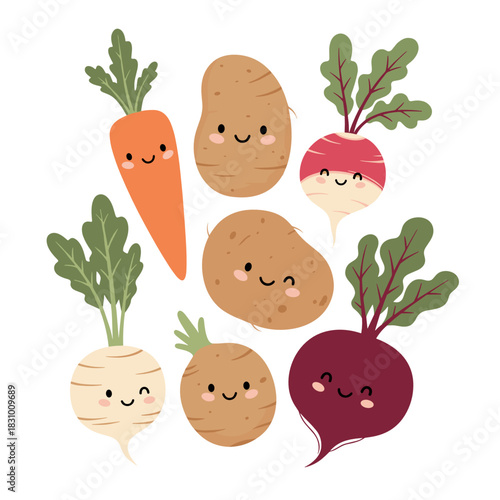 Whimsical root vegetables with smiling faces on white background  