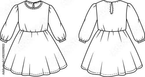 Long sleeve gathered dress front back view, fashion technical sketch, puff sleeve, round neck, keyhole back, cad drawing flat vector illustration