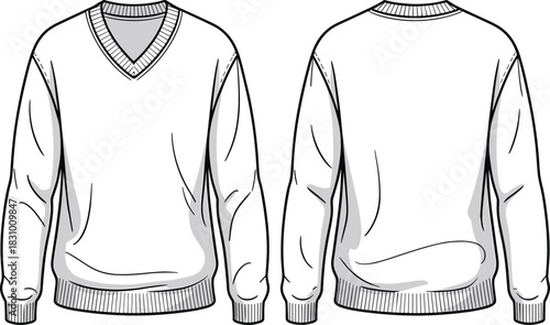 V-neck long-sleeved sweater sketch, ribbed cuff and hem detail, front and back view, cad drawing flat vector illustration