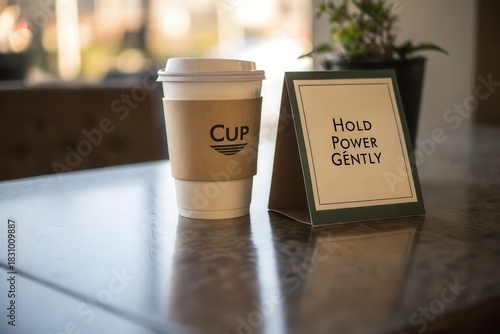 Coffee Cup Sitting on Table with Gentle Power Instructions Card
