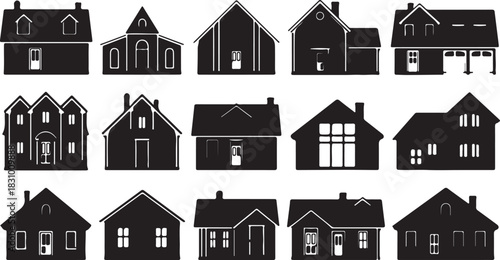 Assortment of black silhouette illustrations showcasing diverse residential housing and architectural styles for various design projects